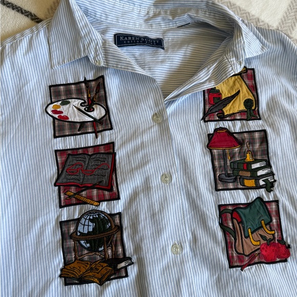 Karen Scott Striped Button-Up Shirt with Colorful Embroidered Patches- The Arts - Picture 2 of 5